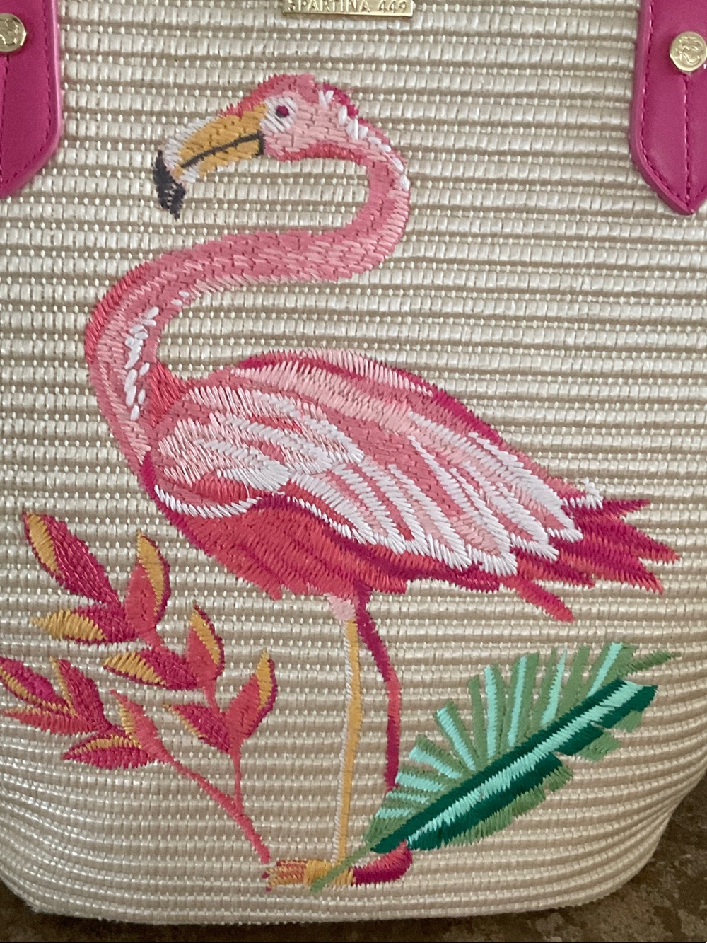 Spartina 449 Pink Flamingo Embroidered Straw Tote with Hot Pink Trim - Picture 3 of 9